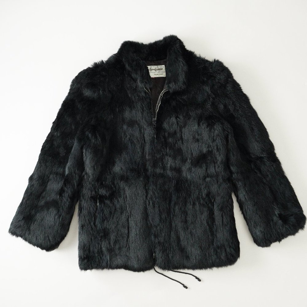 Vintage Jacques Saint Laurent Rabbit Fur Coat Zip Up Black Womens Size S